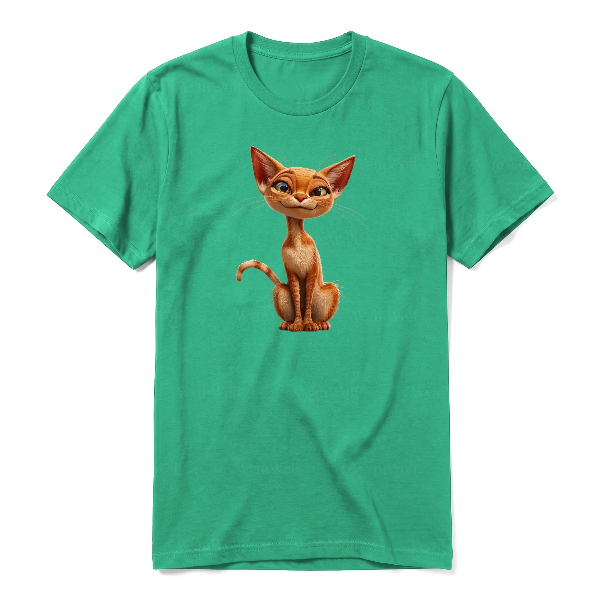 A kelly short-sleeve crewneck t-shirt for adult featuring a graphic of a cat on the front.