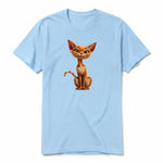 A powder short-sleeve crewneck t-shirt for adult featuring a graphic of a cat on the front.