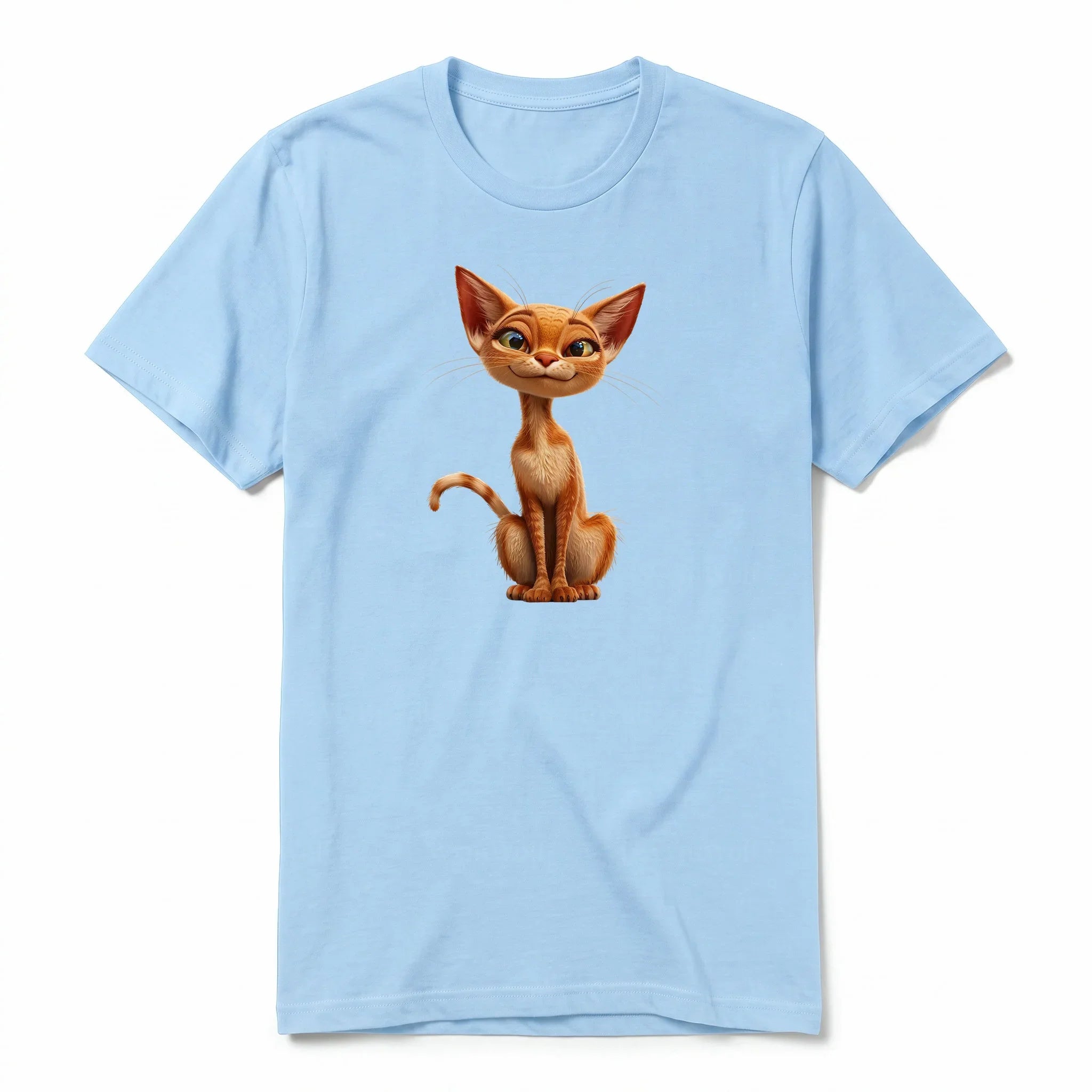 A powder short-sleeve crewneck t-shirt for adult featuring a graphic of a cat on the front.
