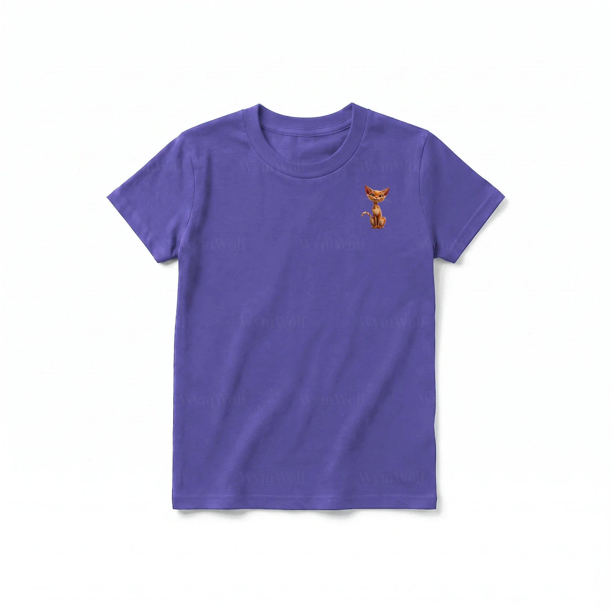 A purple short-sleeve crewneck t-shirt for youth featuring a graphic of a cat on the left chest.