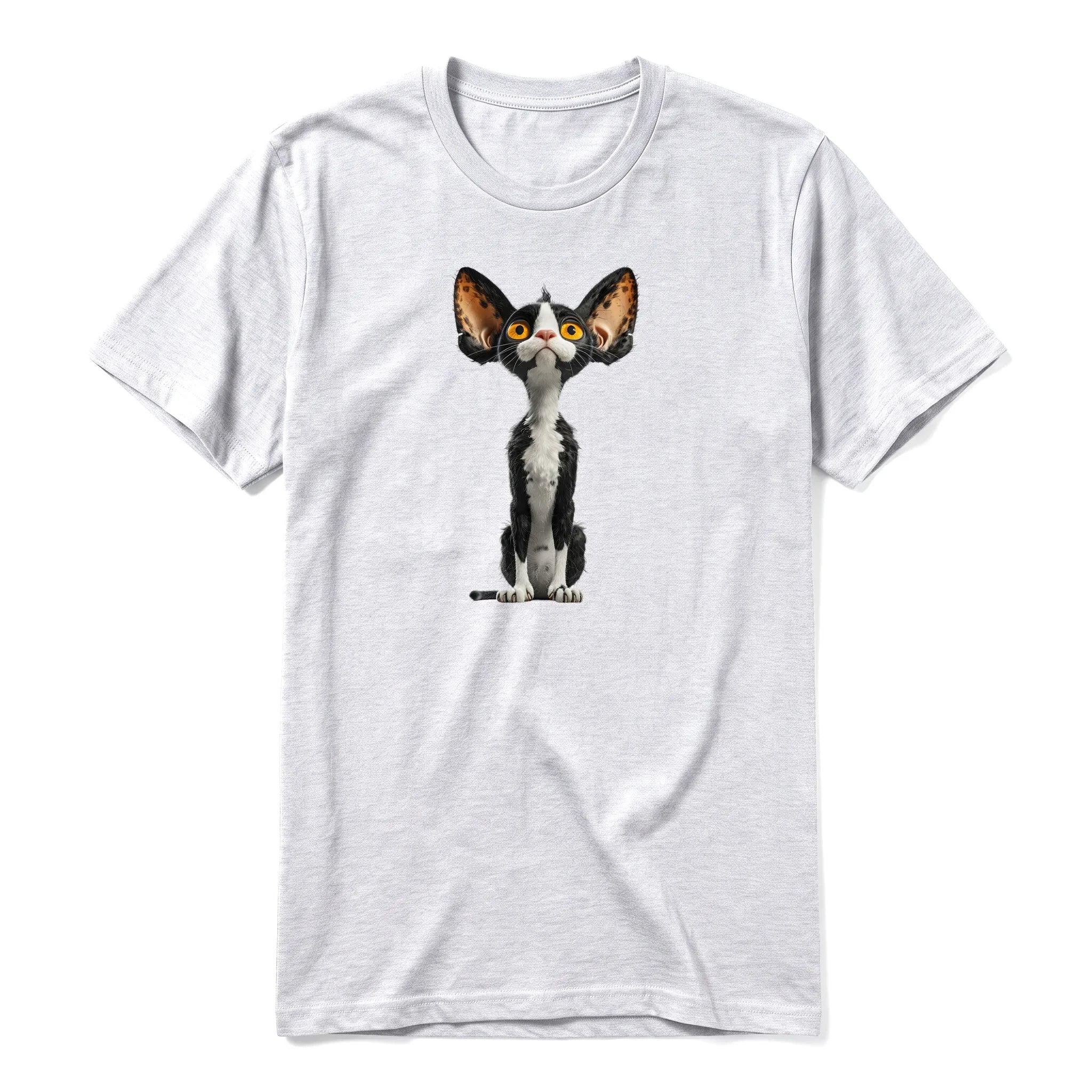 A ash grey short-sleeve crewneck t-shirt for adult featuring a graphic of a cat on the front.