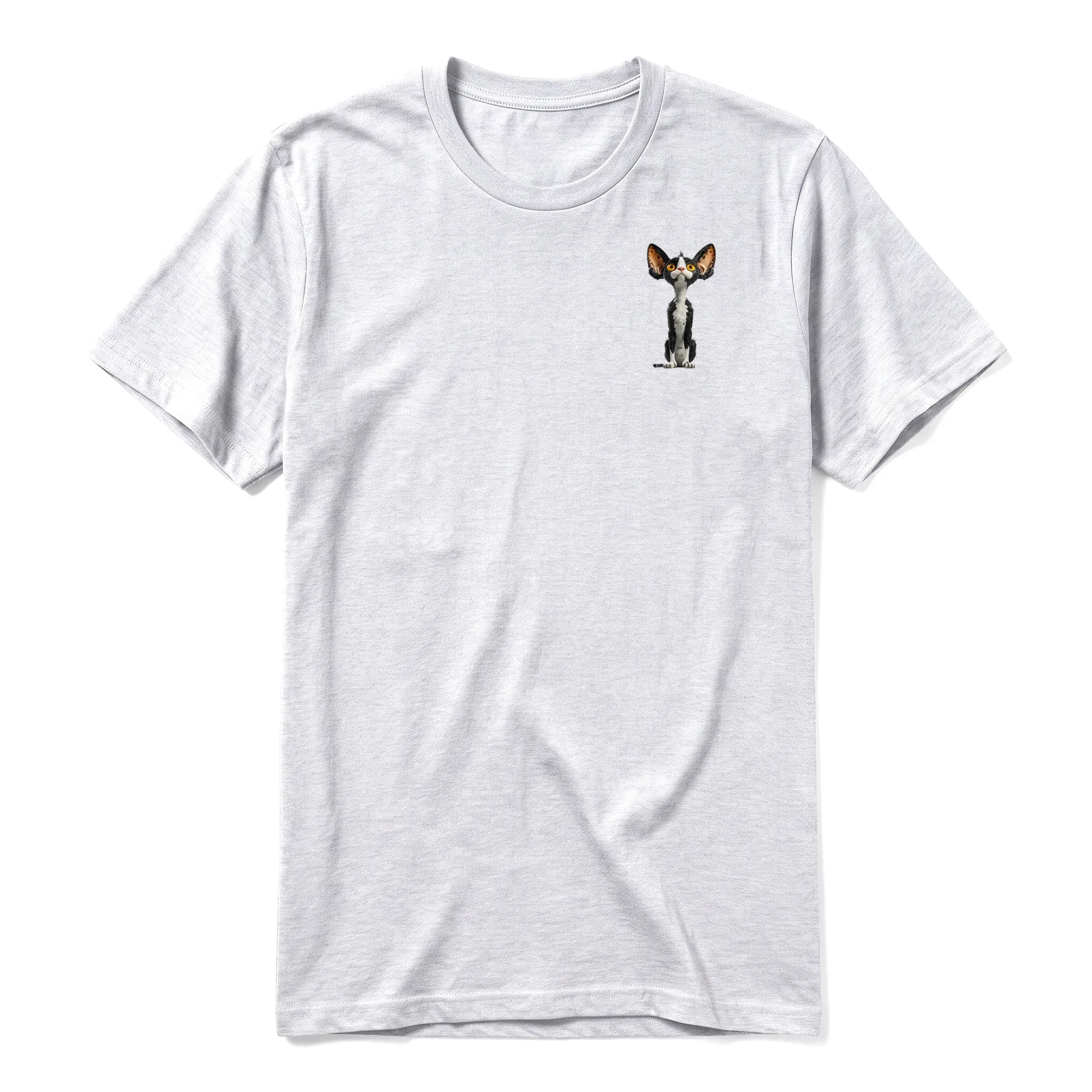 A ash grey short-sleeve crewneck t-shirt for adult featuring a graphic of a cat on the left chest.