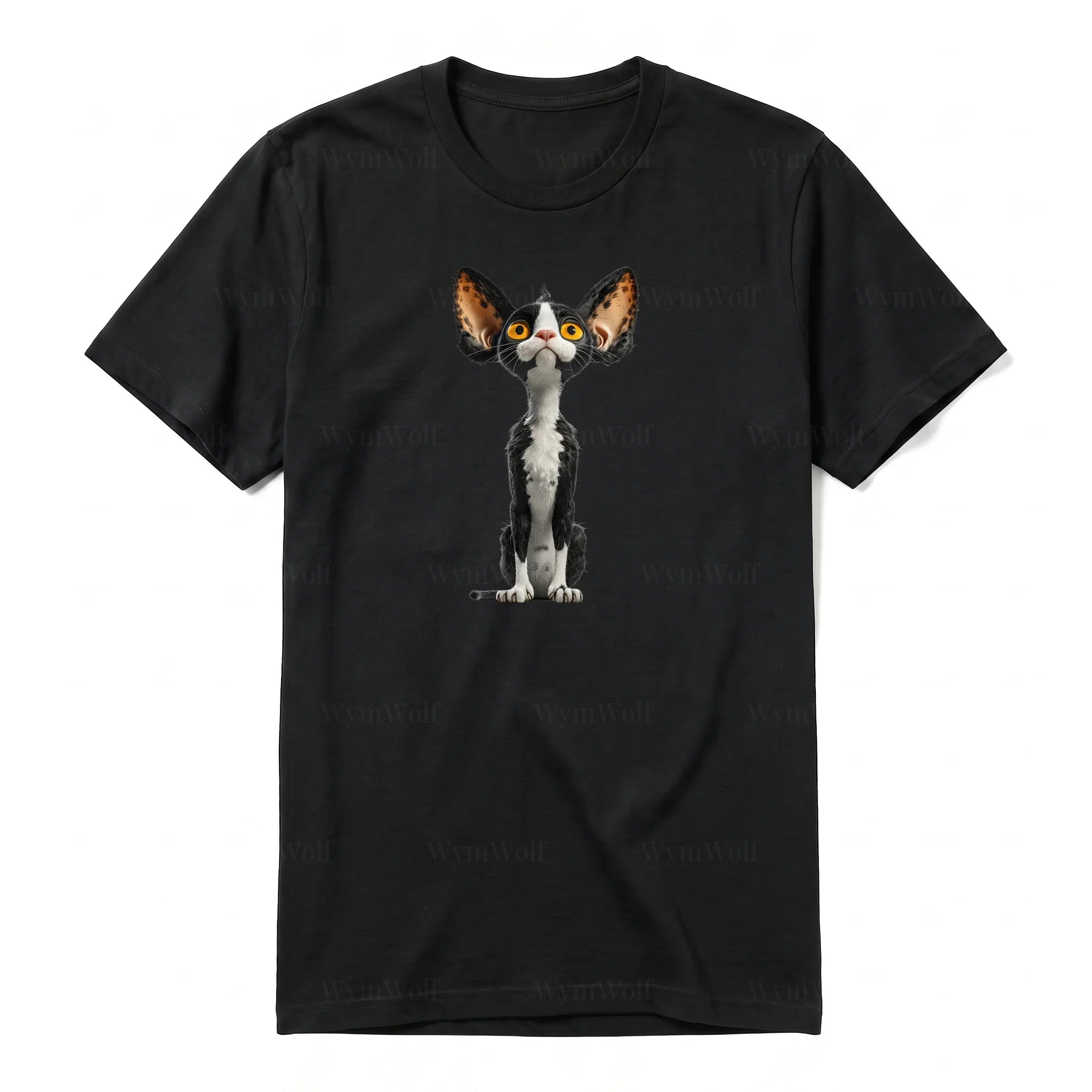 A black short-sleeve crewneck t-shirt for adult featuring a graphic of a cat on the front.
