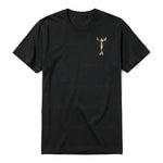 A black short-sleeve crewneck t-shirt for adult featuring a graphic of a cat on the left chest.