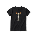 A black short-sleeve crewneck t-shirt for youth featuring a graphic of a cat on the front.