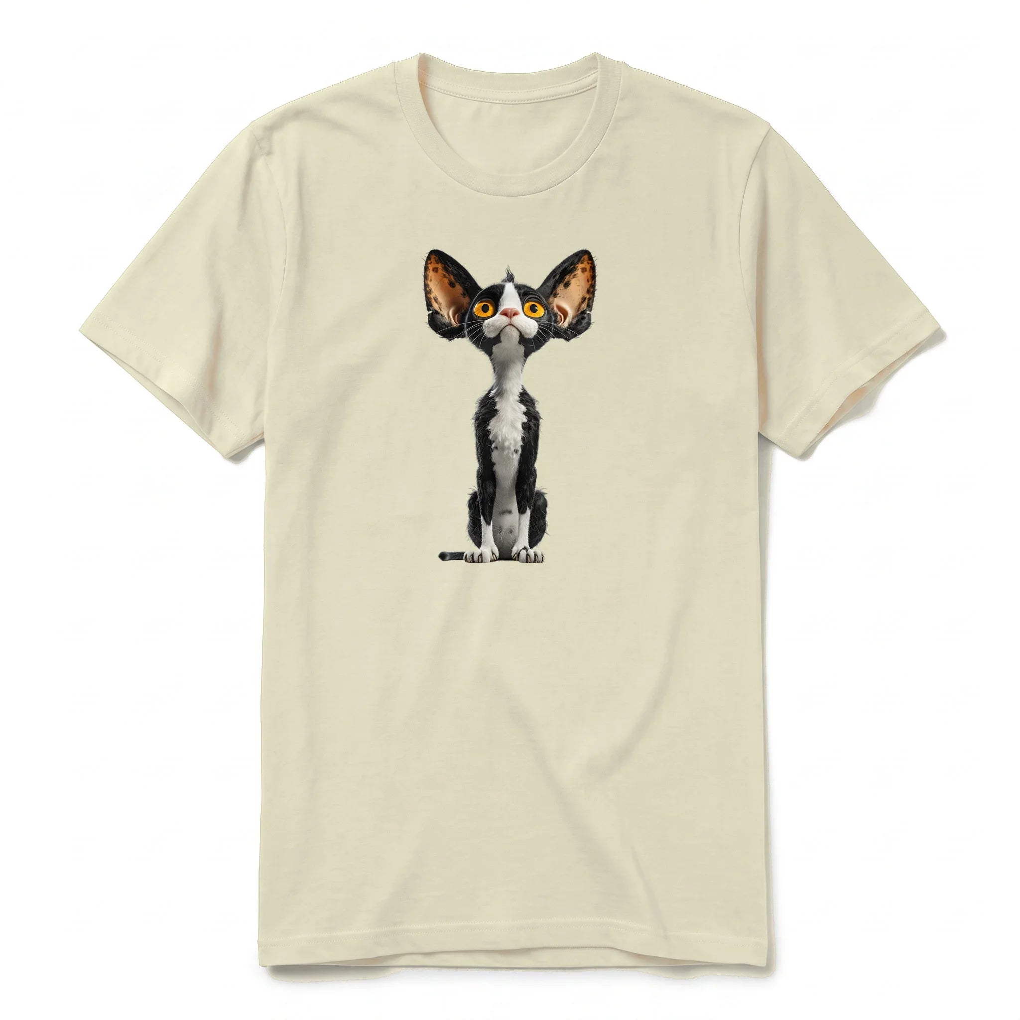A latte short-sleeve crewneck t-shirt for adult featuring a graphic of a cat on the front.