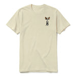 A latte short-sleeve crewneck t-shirt for adult featuring a graphic of a cat on the left chest.