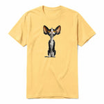 A mustard short-sleeve crewneck t-shirt for adult featuring a graphic of a cat on the front.