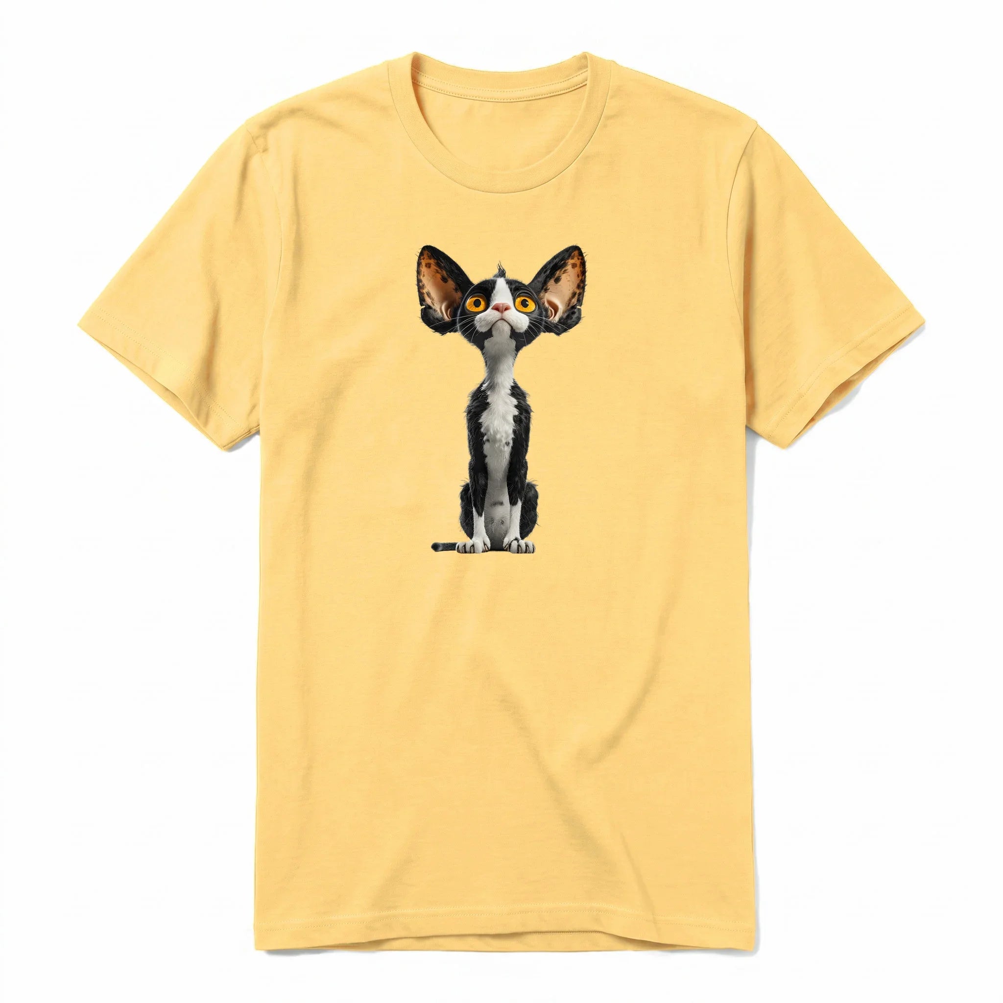 A mustard short-sleeve crewneck t-shirt for adult featuring a graphic of a cat on the front.
