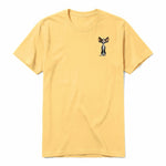 A mustard short-sleeve crewneck t-shirt for adult featuring a graphic of a cat on the left chest.