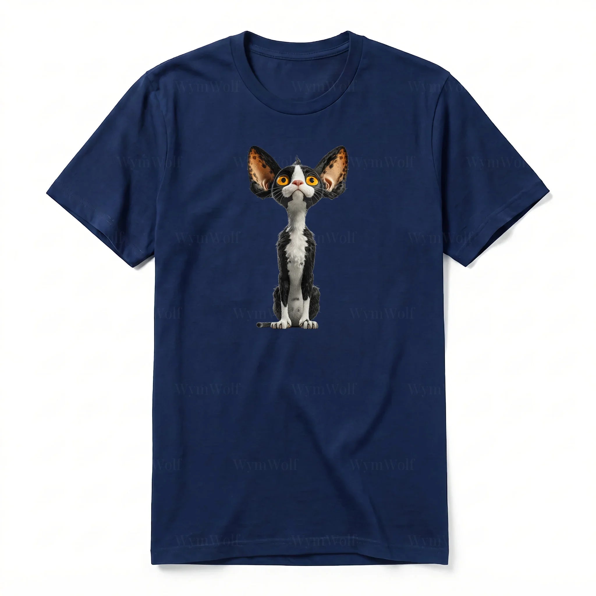 A navy short-sleeve crewneck t-shirt for adult featuring a graphic of a cat on the front.