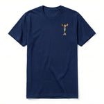 A navy short-sleeve crewneck t-shirt for adult featuring a graphic of a cat on the left chest.