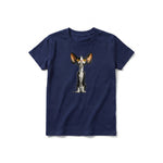 A navy short-sleeve crewneck t-shirt for youth featuring a graphic of a cat on the front.