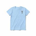 A powder short-sleeve crewneck t-shirt for youth featuring a graphic of a cat on the left chest.