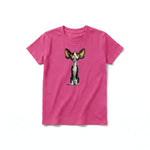A raspberry short-sleeve crewneck t-shirt for youth featuring a graphic of a cat on the front.
