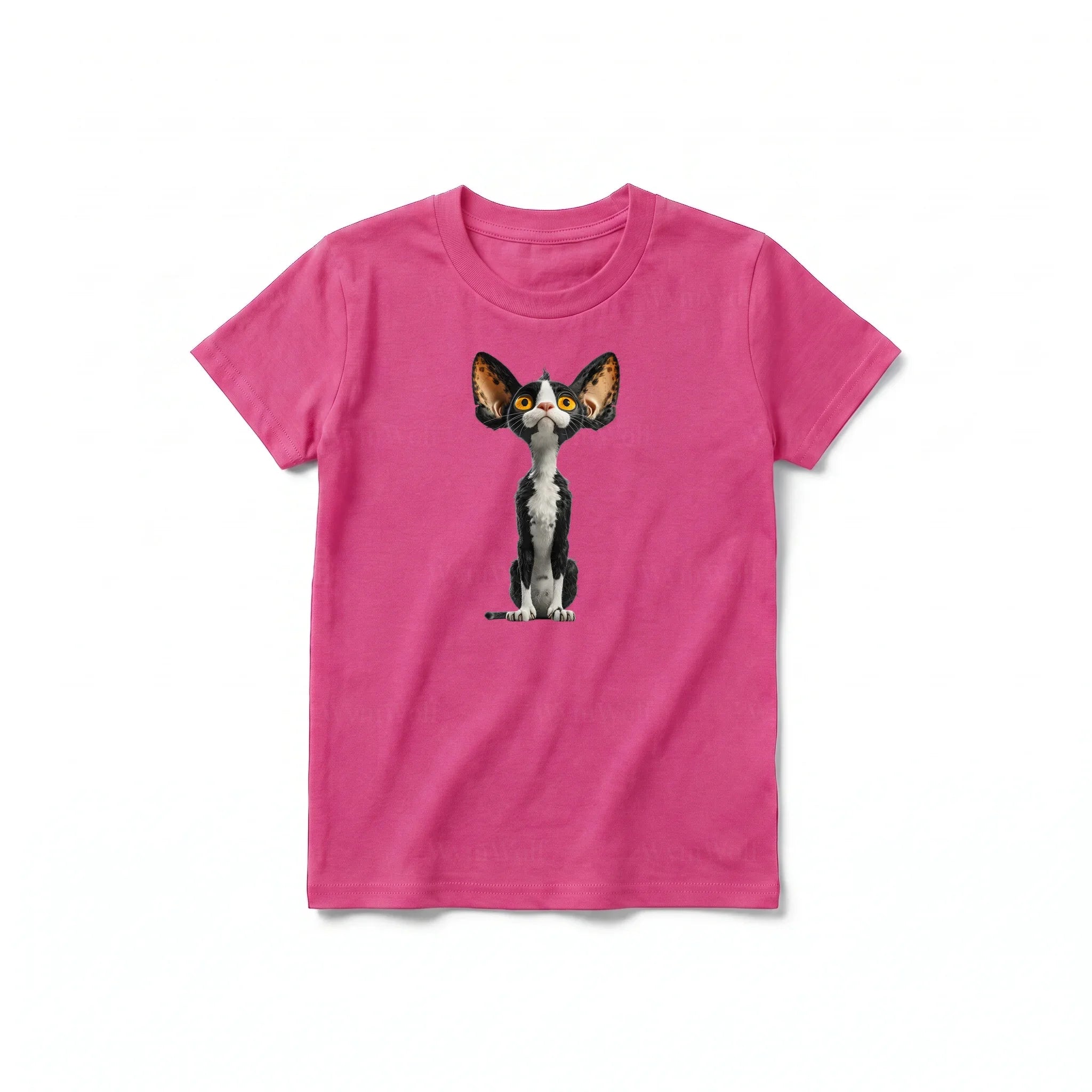 A raspberry short-sleeve crewneck t-shirt for youth featuring a graphic of a cat on the front.