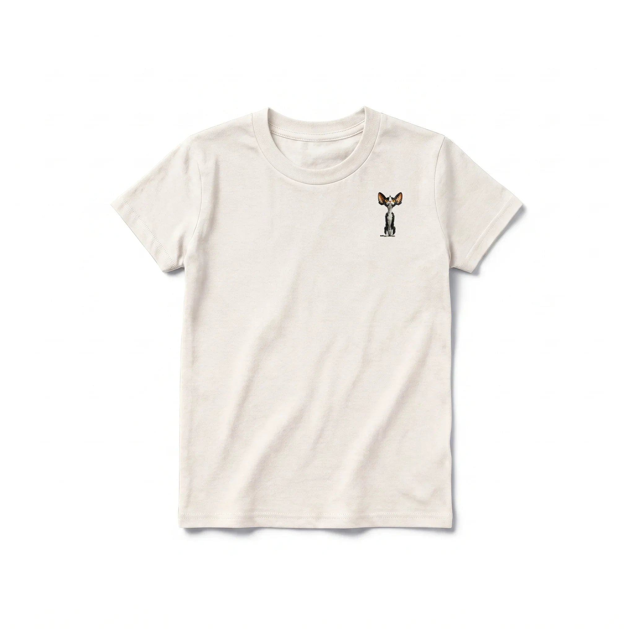 A vintage-white short-sleeve crewneck t-shirt for youth featuring a graphic of a cat on the left chest.