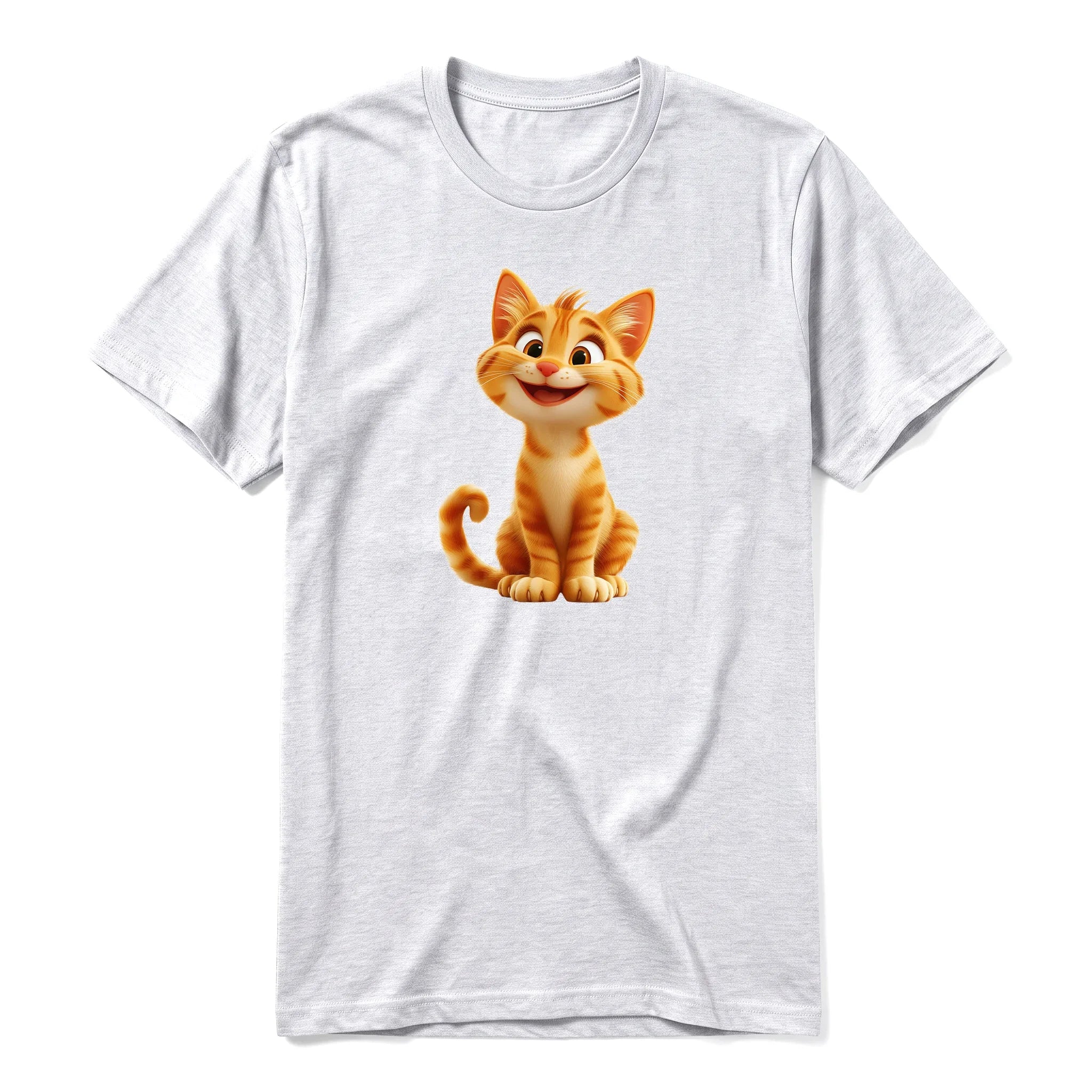 A ash grey short-sleeve crewneck t-shirt for adult featuring a graphic of a cat on the front.