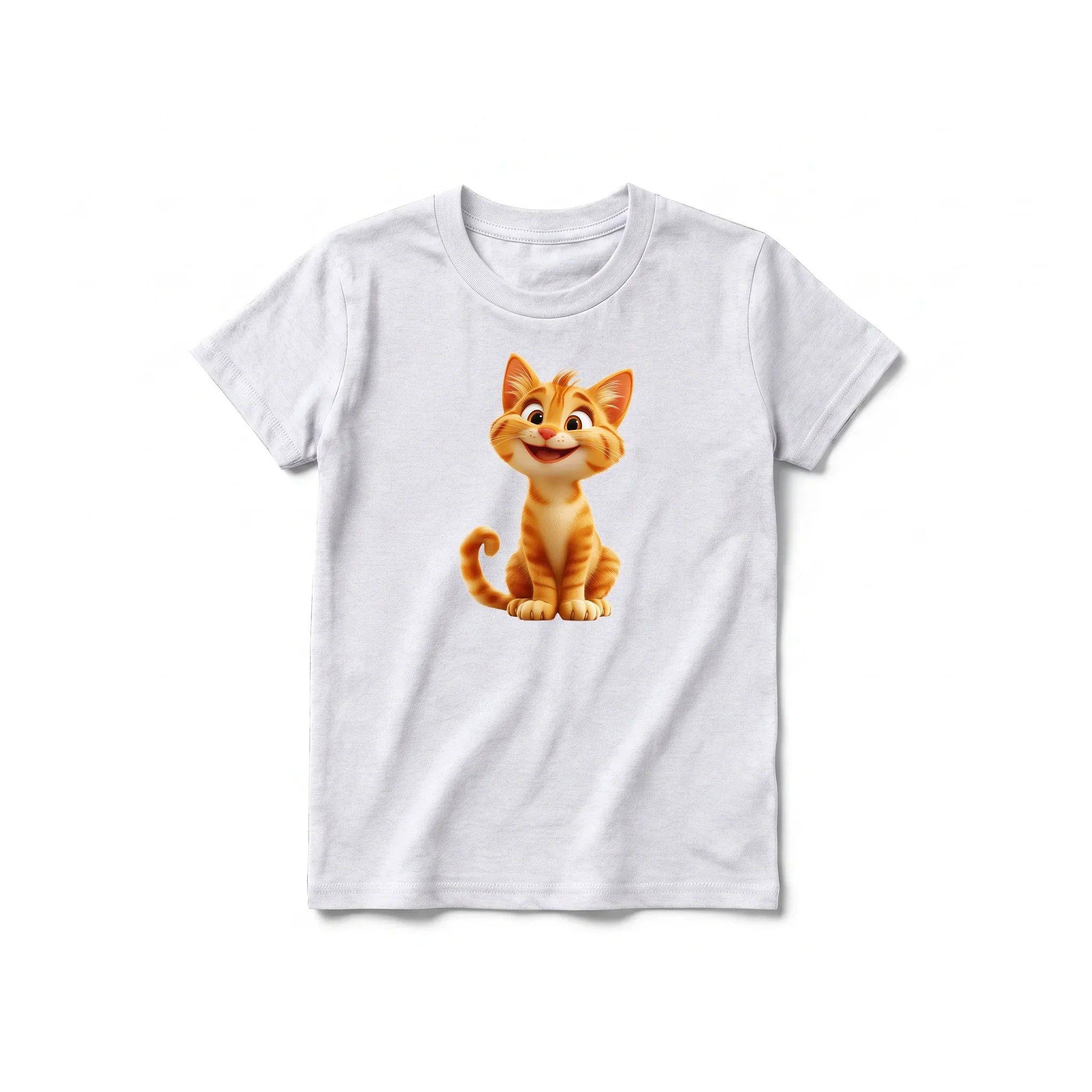 A ash grey short-sleeve crewneck t-shirt for youth featuring a graphic of a cat on the front.
