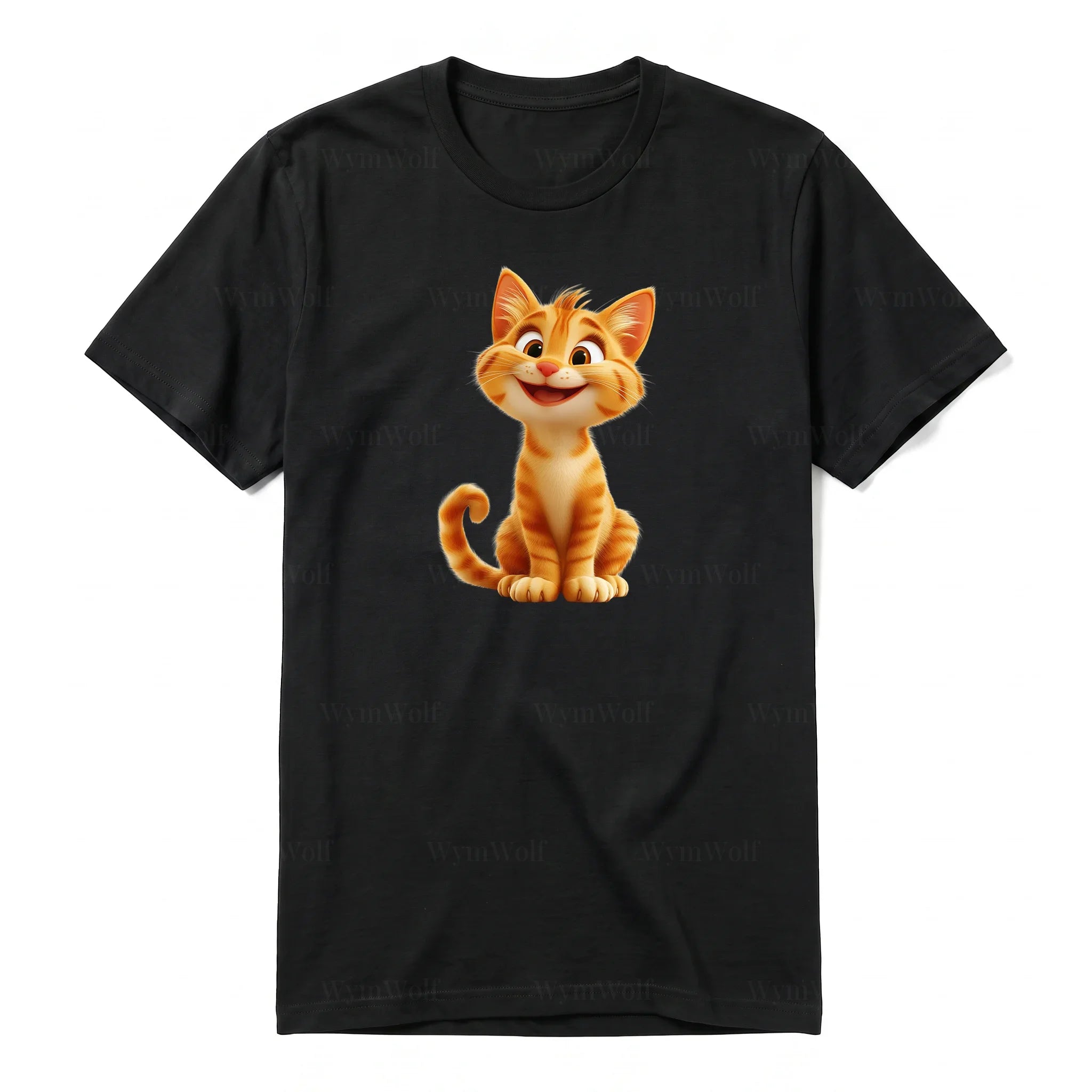 A black short-sleeve crewneck t-shirt for adult featuring a graphic of a cat on the front.