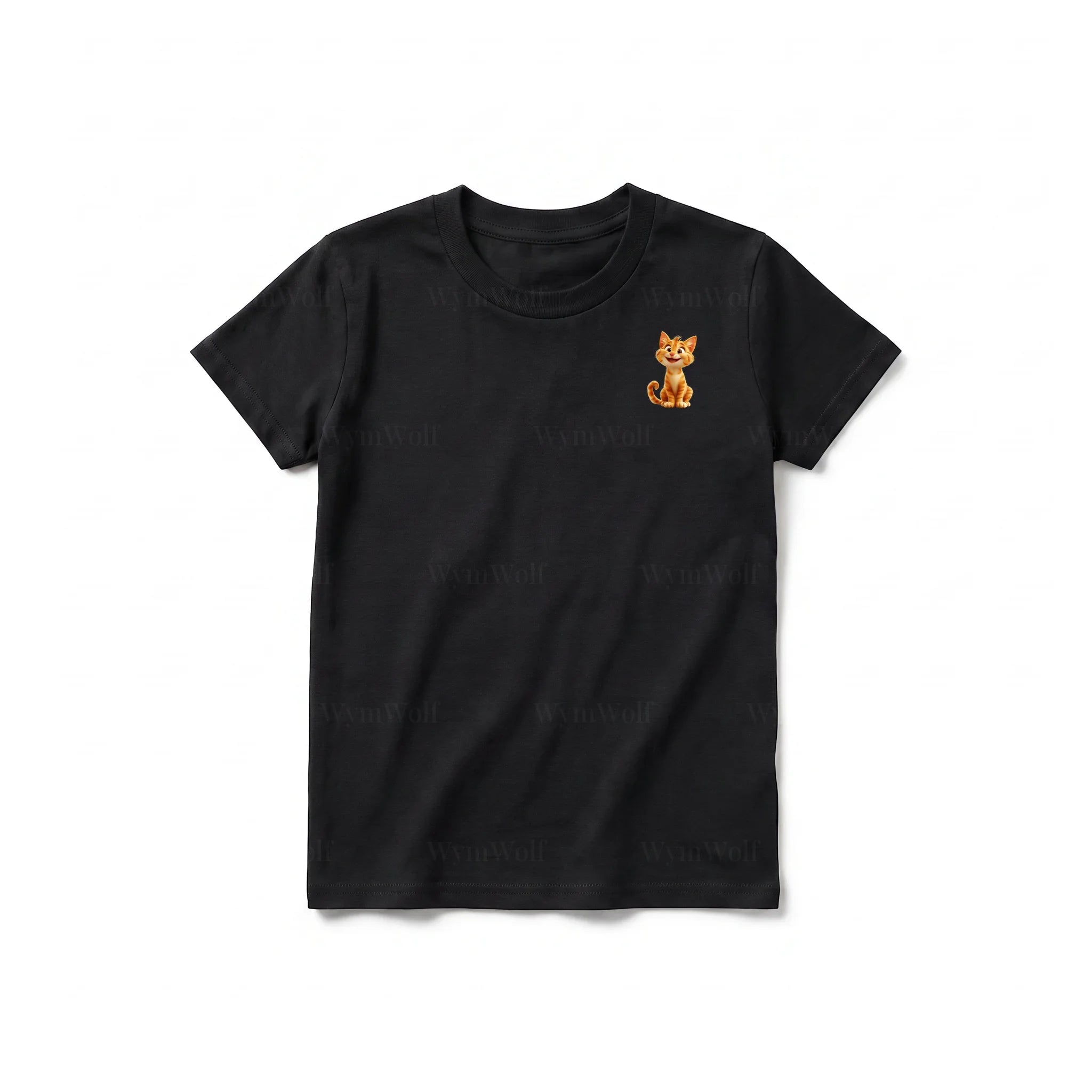 A black short-sleeve crewneck t-shirt for youth featuring a graphic of a cat on the left chest.