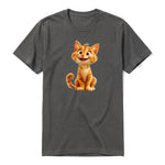 A charcoal short-sleeve crewneck t-shirt for adult featuring a graphic of a cat on the front.