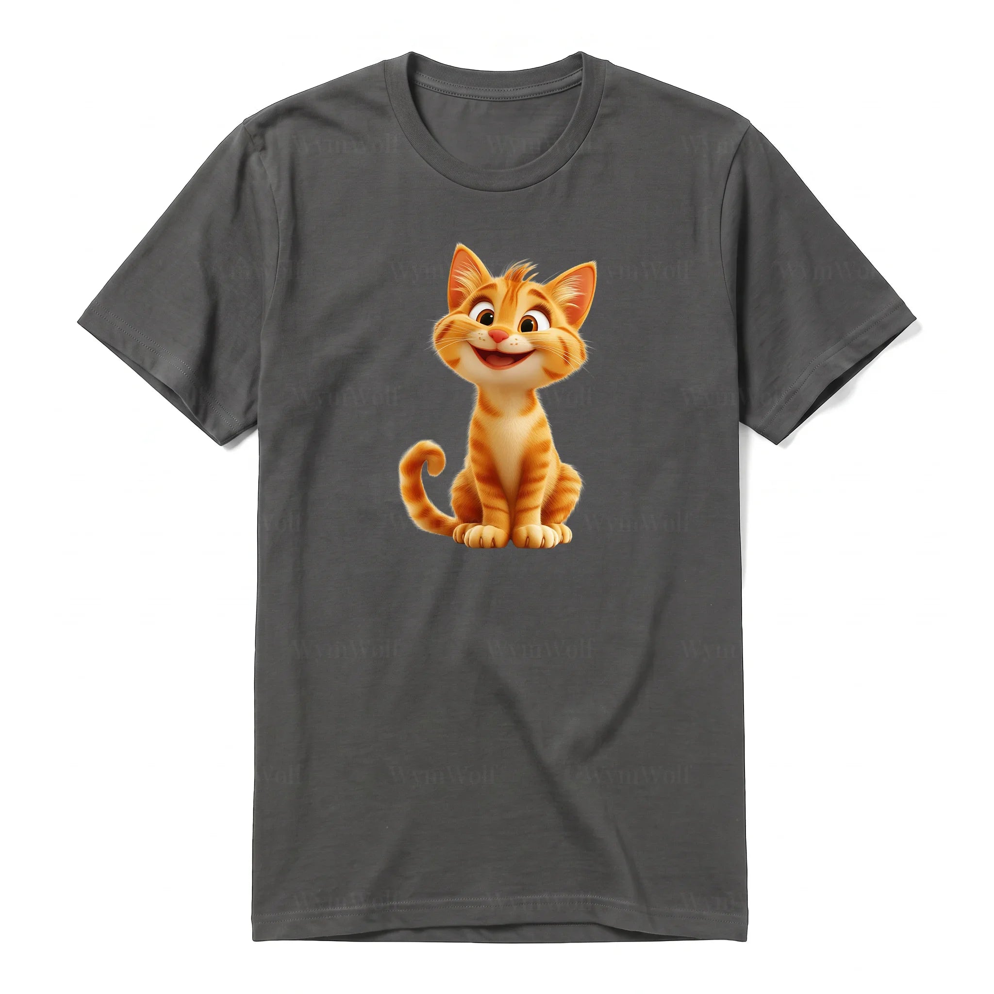 A charcoal short-sleeve crewneck t-shirt for adult featuring a graphic of a cat on the front.