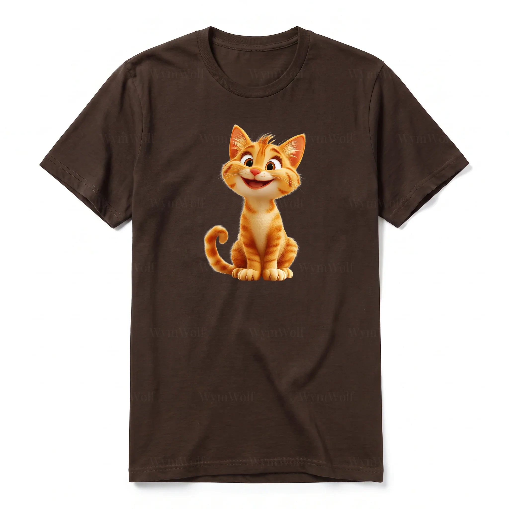 A chocolate short-sleeve crewneck t-shirt for adult featuring a graphic of a cat on the front.