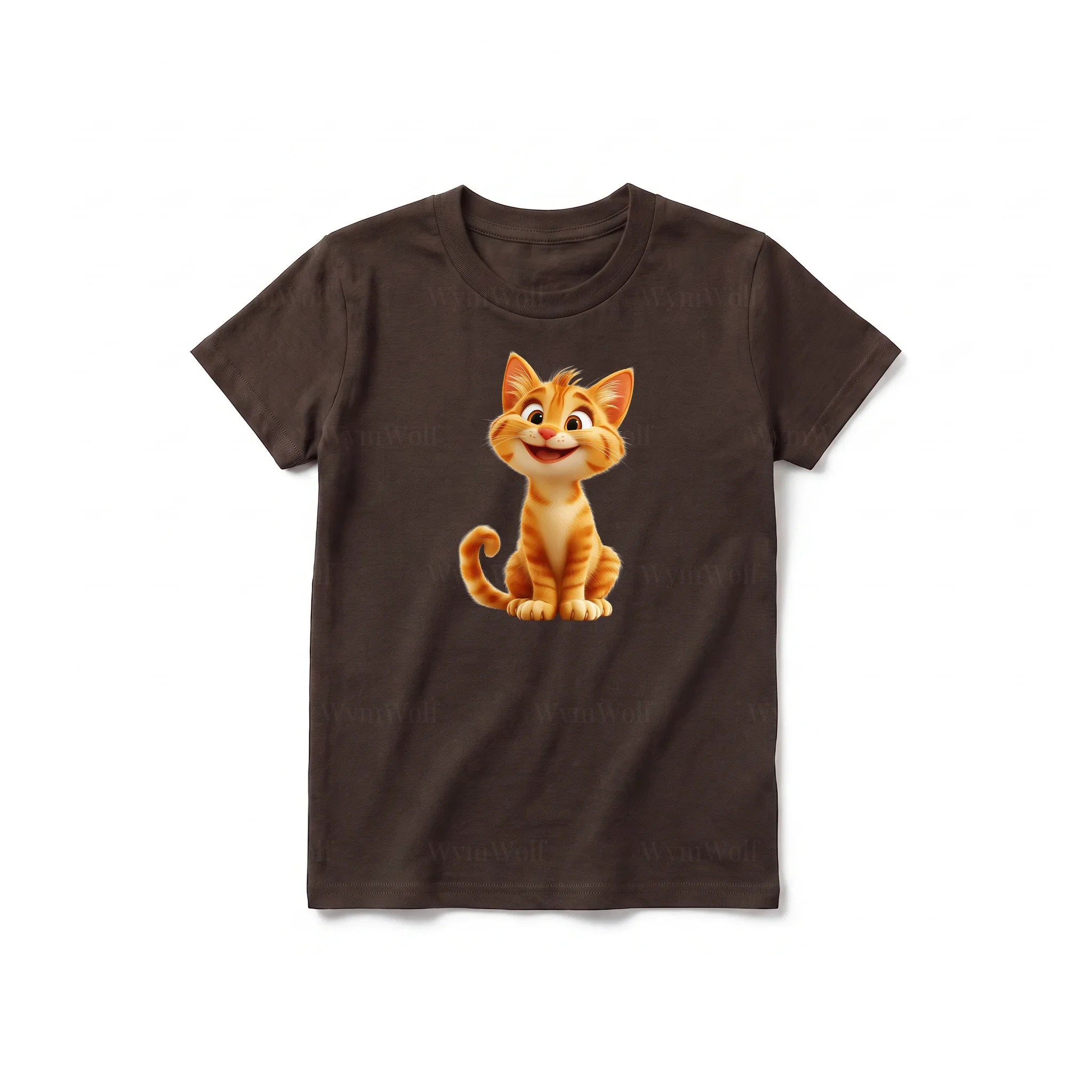A chocolate short-sleeve crewneck t-shirt for youth featuring a graphic of a cat on the front.