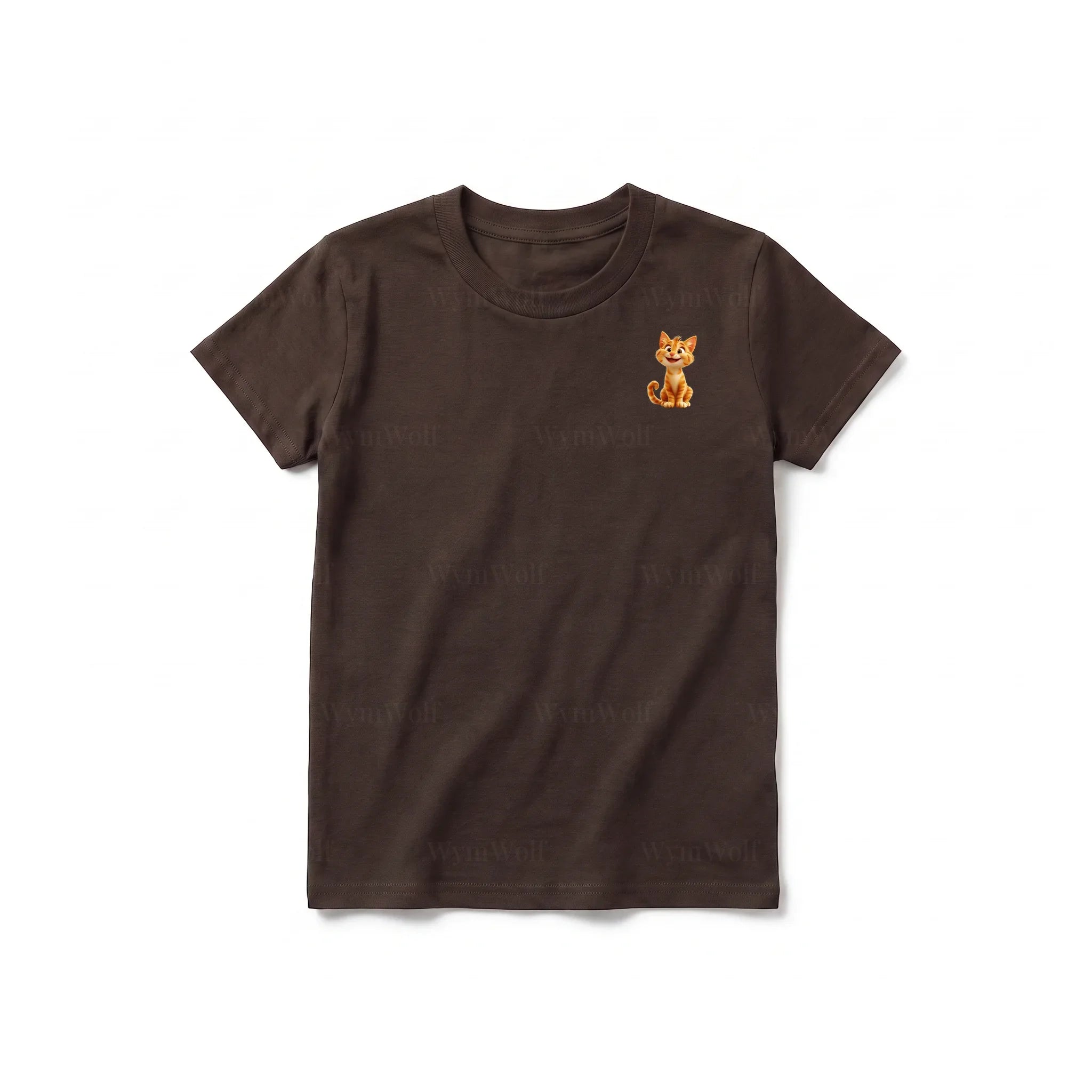 A chocolate short-sleeve crewneck t-shirt for youth featuring a graphic of a cat on the left chest.