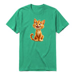 A kelly short-sleeve crewneck t-shirt for adult featuring a graphic of a cat on the front.