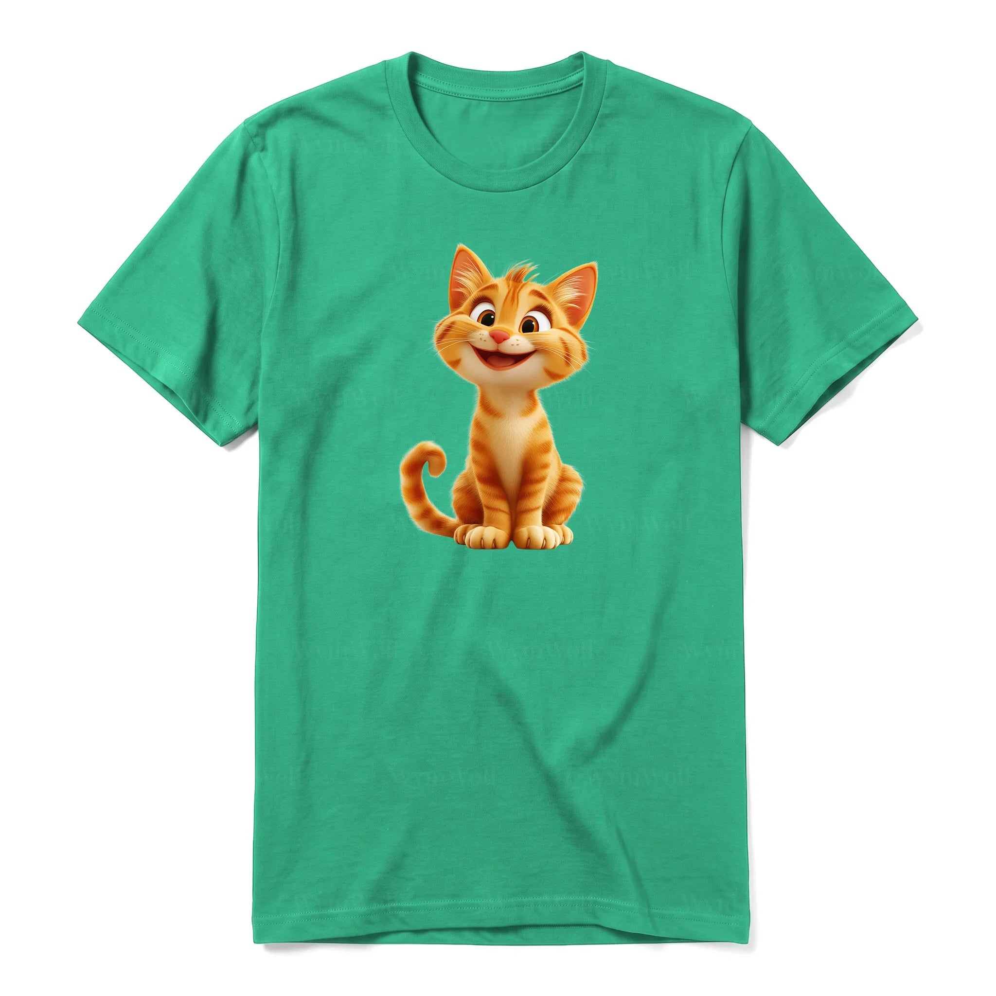 A kelly short-sleeve crewneck t-shirt for adult featuring a graphic of a cat on the front.