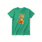 A kelly short-sleeve crewneck t-shirt for youth featuring a graphic of a cat on the front.