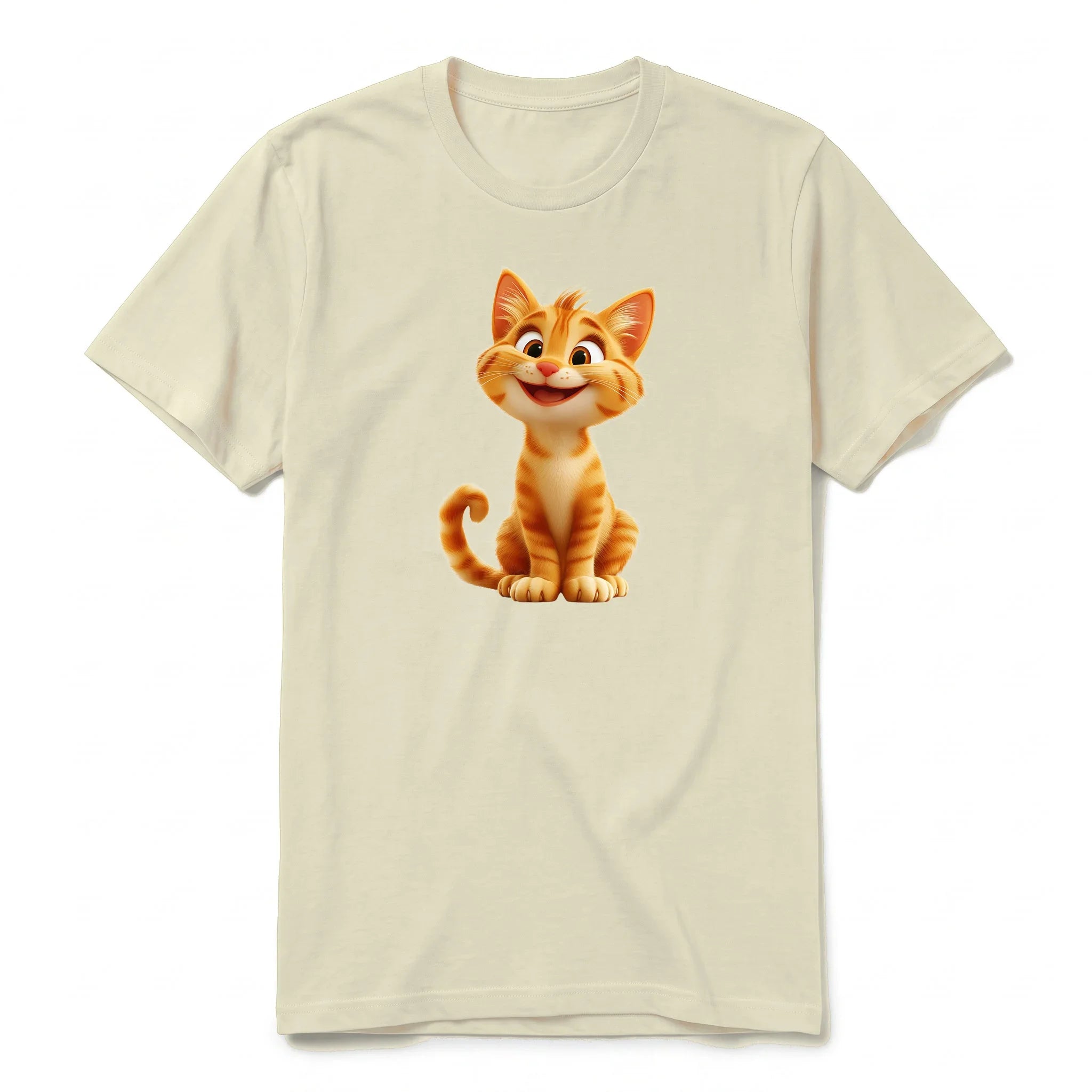 Un T-shirt latte à manches courtes et col rond, orné d'un motif représentant un chat sur le devant.