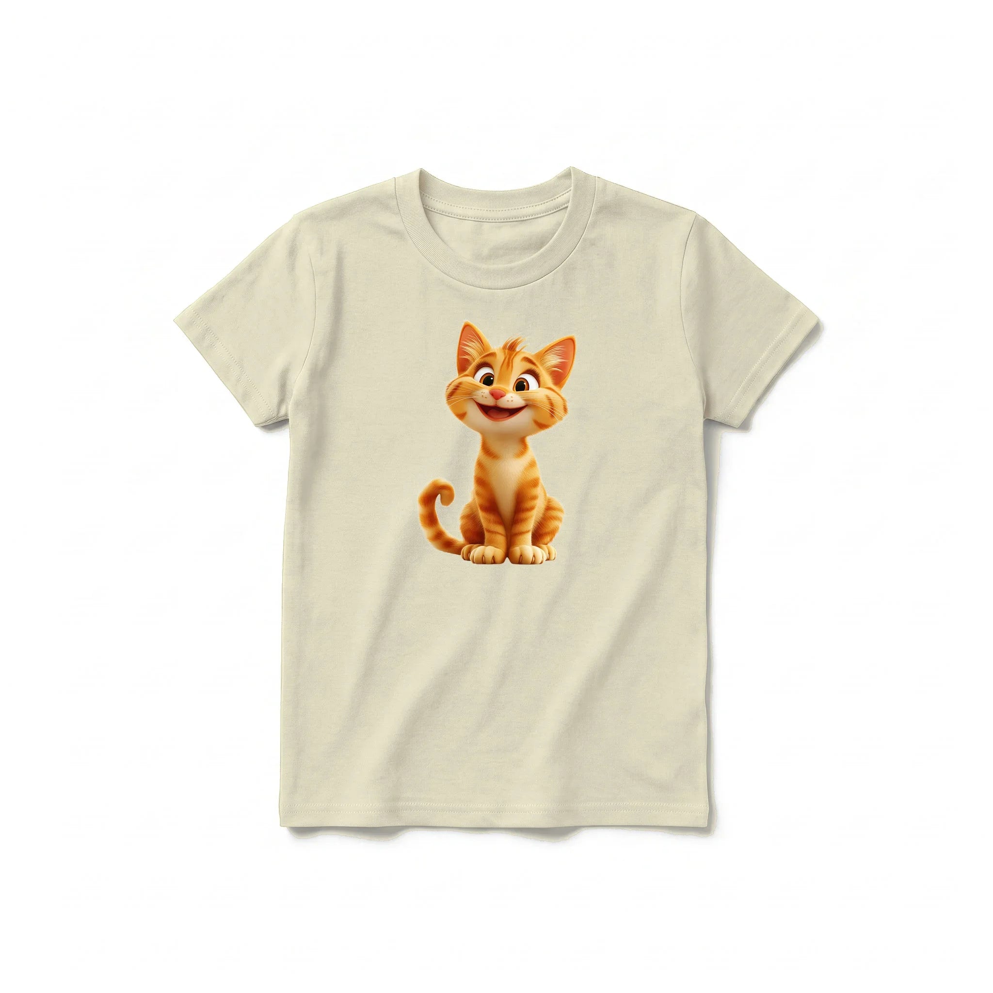 Un T-shirt latte à manches courtes et col rond pour jeune, orné d'un motif représentant un chat sur le devant.