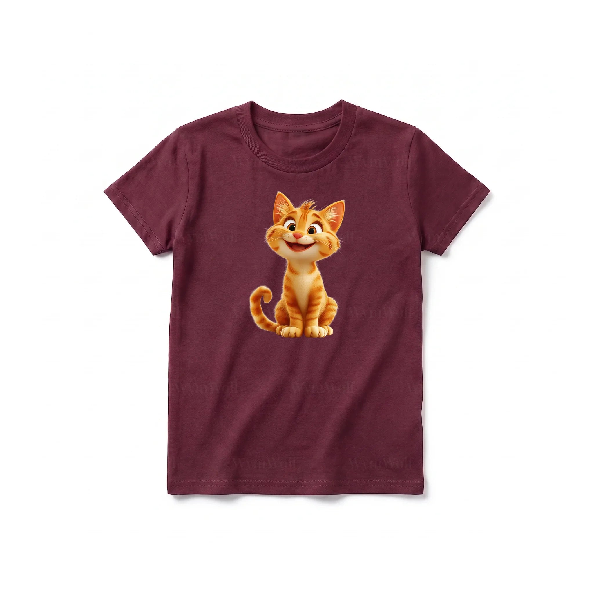 A maroon short-sleeve crewneck t-shirt for youth featuring a graphic of a cat on the front.