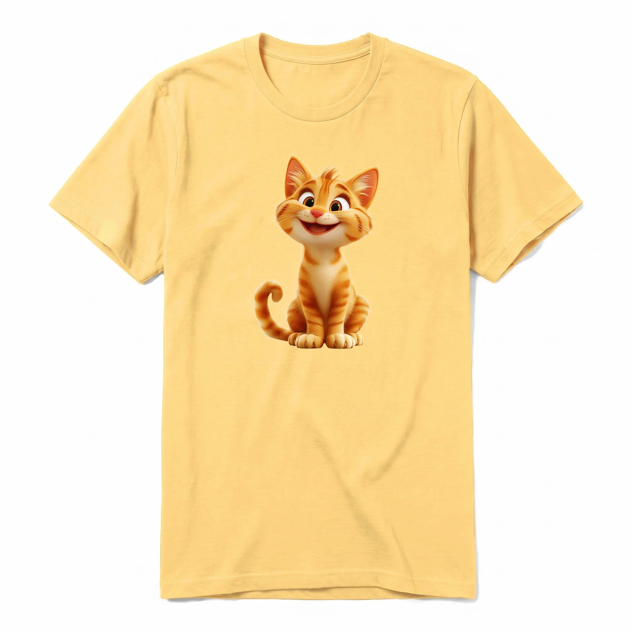 A mustard short-sleeve crewneck t-shirt for adult featuring a graphic of a cat on the front.