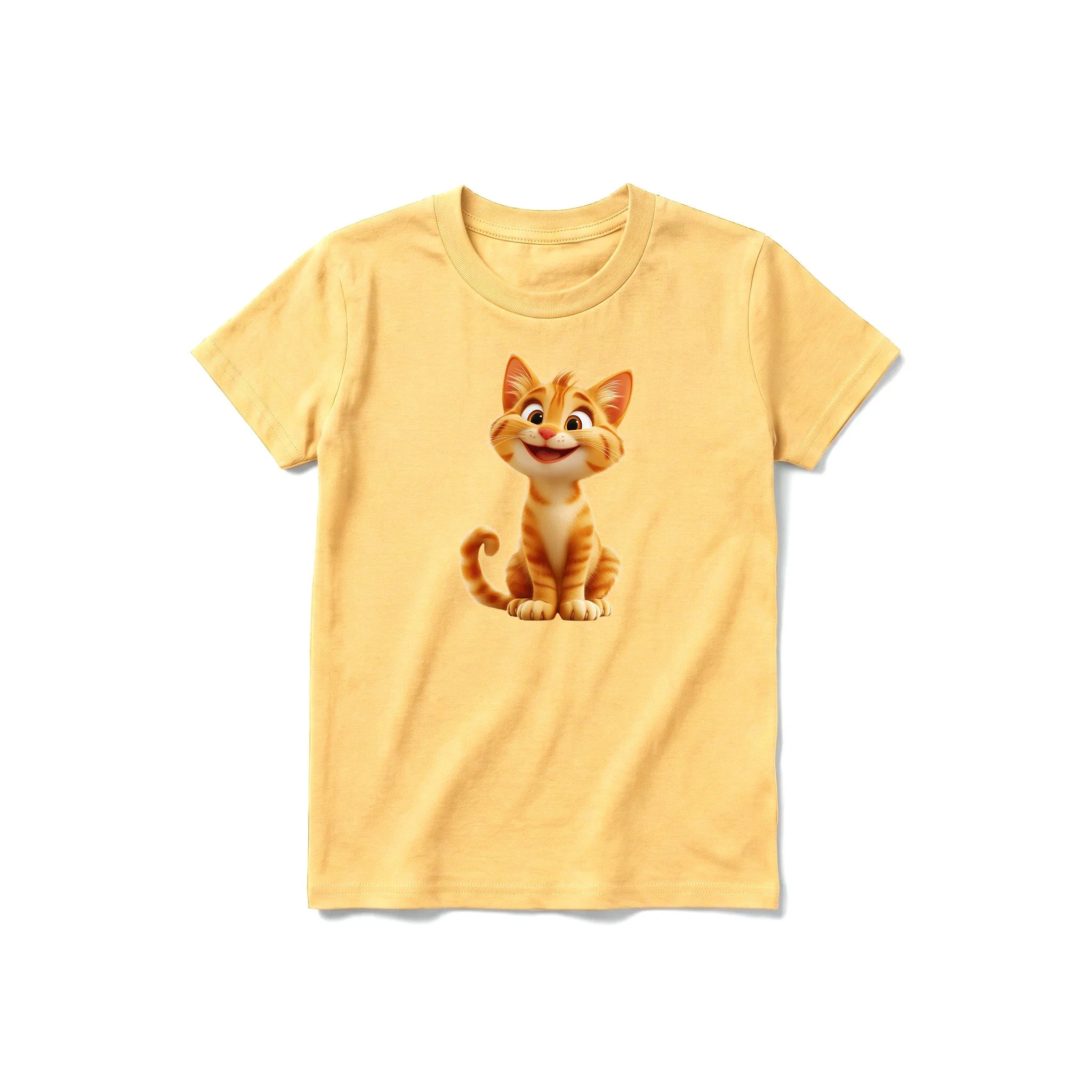 A mustard short-sleeve crewneck t-shirt for youth featuring a graphic of a cat on the front.
