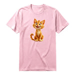 A pink short-sleeve crewneck t-shirt for adult featuring a graphic of a cat on the front.