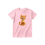 A pink short-sleeve crewneck t-shirt for youth featuring a graphic of a cat on the front.