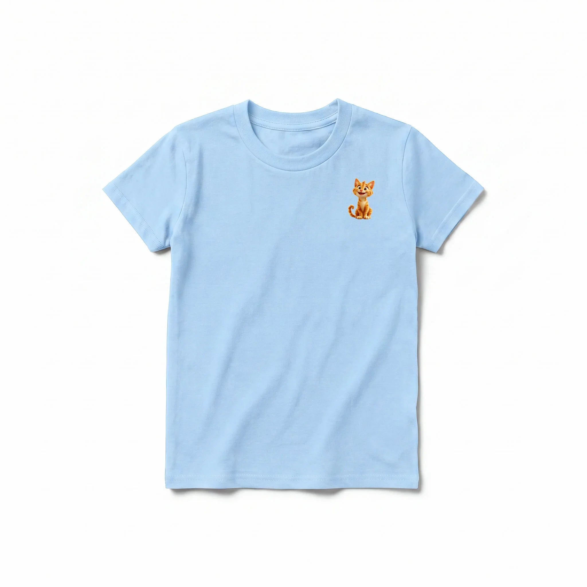 A powder short-sleeve crewneck t-shirt for youth featuring a graphic of a cat on the left chest.