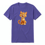 A purple short-sleeve crewneck t-shirt for adult featuring a graphic of a cat on the front.