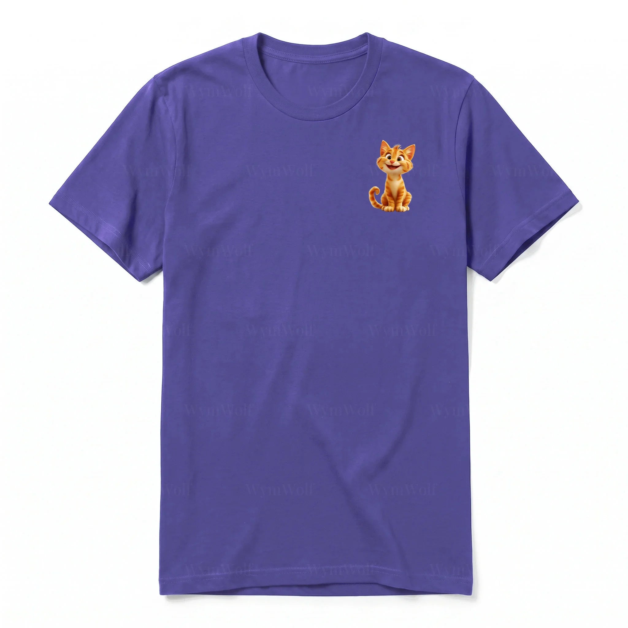 A purple short-sleeve crewneck t-shirt for adult featuring a graphic of a cat on the left chest.