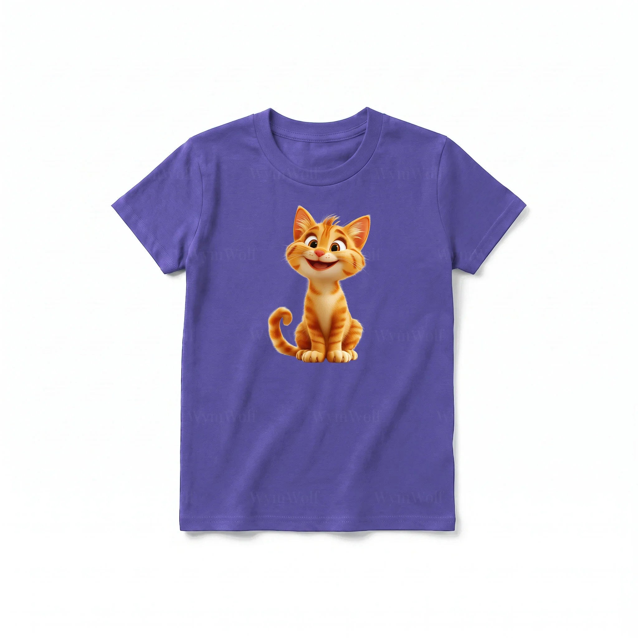 A purple short-sleeve crewneck t-shirt for youth featuring a graphic of a cat on the front.