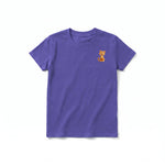 A purple short-sleeve crewneck t-shirt for youth featuring a graphic of a cat on the left chest.