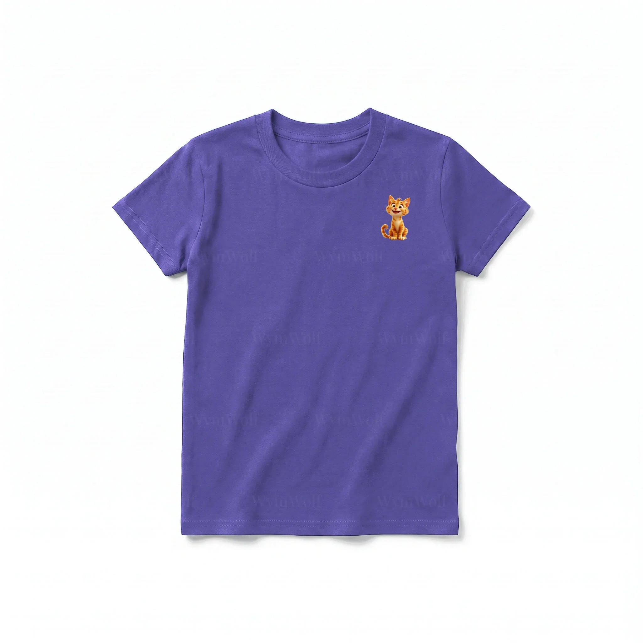 A purple short-sleeve crewneck t-shirt for youth featuring a graphic of a cat on the left chest.