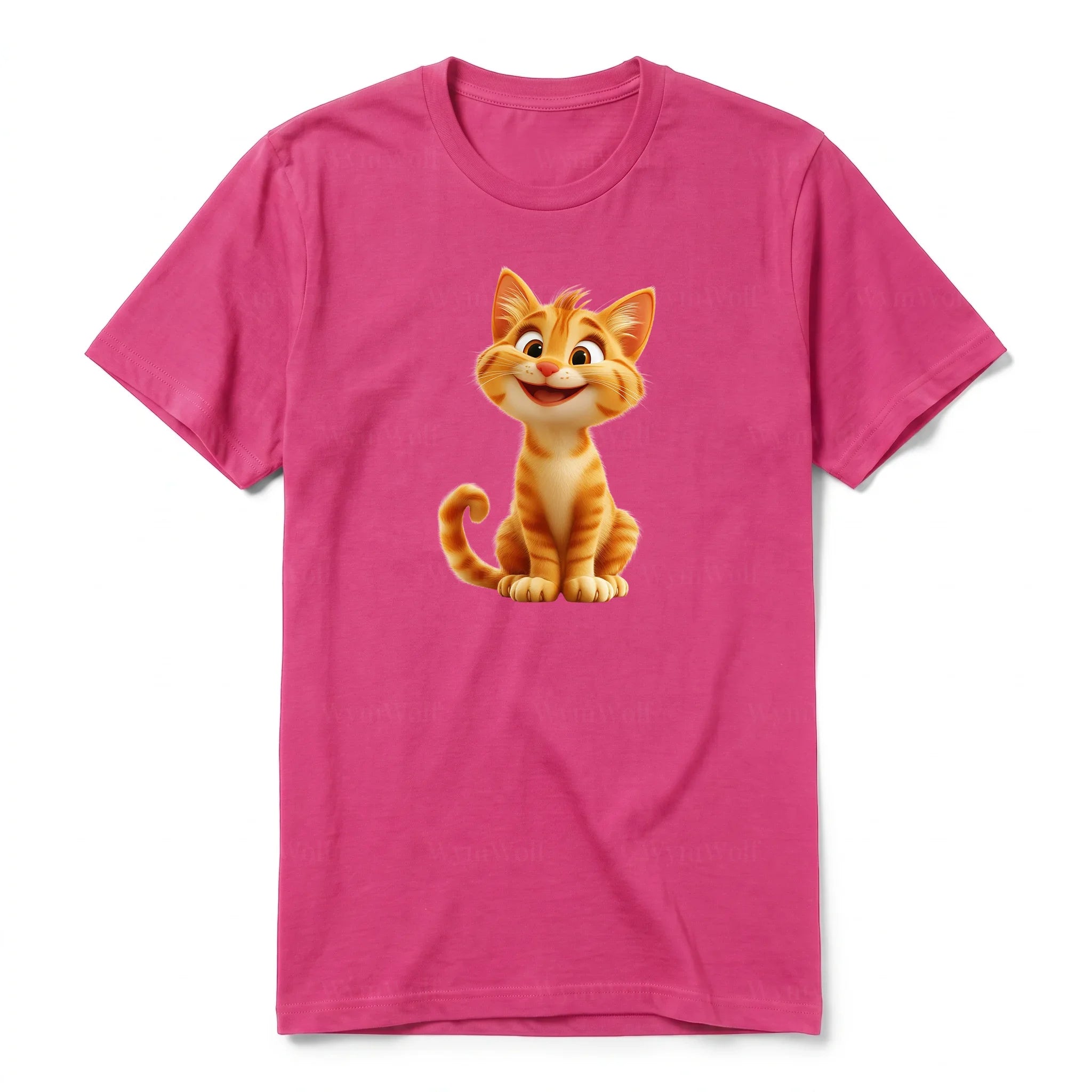 A raspberry short-sleeve crewneck t-shirt for adult featuring a graphic of a cat on the front.