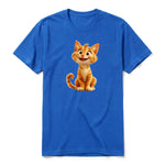 A royal short-sleeve crewneck t-shirt for adult featuring a graphic of a cat on the front.