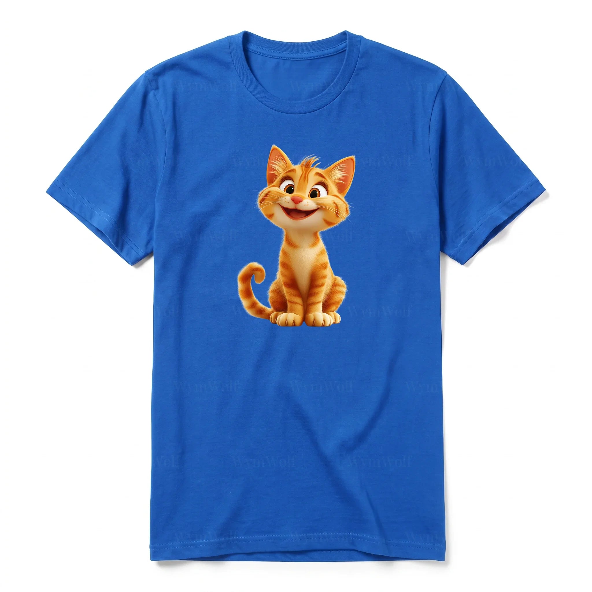 A royal short-sleeve crewneck t-shirt for adult featuring a graphic of a cat on the front.