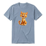A steel-blue short-sleeve crewneck t-shirt for adult featuring a graphic of a cat on the front.